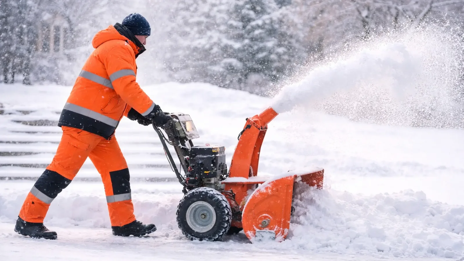 Mitarbeiter von Westfalia räumt einen Gehweg mit der Schneefräse